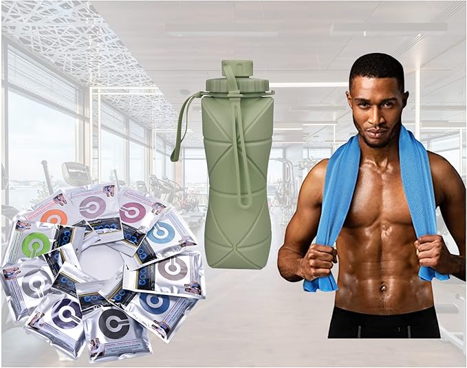 Gift for Father Day and Graduation, New Portable Silicone Collapsible Water bottle with Cooling Towel for Traveling and Outdoor Sports,600ml BPA Free Water Bottle,Summer Essentials (Grey)