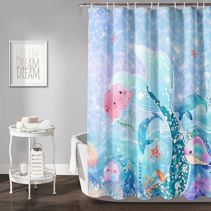 AILONEN Mermaid Tail Shower Curtain Set, Beautiful Glitter Mermaid Tail Cloth Bath Curtain for Bathroom,Cute Whale Jellyfish Polyester Waterproof Shower Curtain with Hooks,72" Wx84 H