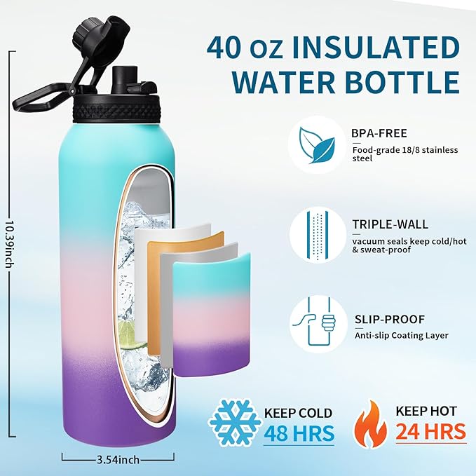 Stainless steel Water Bottle 40OZ - with Straw & Spout Lids, Paracord Handle, Shoulder Carrier Bag, Vacuum Insulated Water Jug, Leak Proof Metal Waterbottle for Sports Gym Yoga Workout Travel Hiking