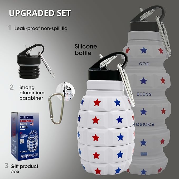American Flag Collapsible Water Bottle 19.6 oz - US Flag Leak Proof Water Bottle - Patriots Gifts for Men Women - Silicone & Reusable - Independence Day Patriotic Accessories - God Bless America Decor