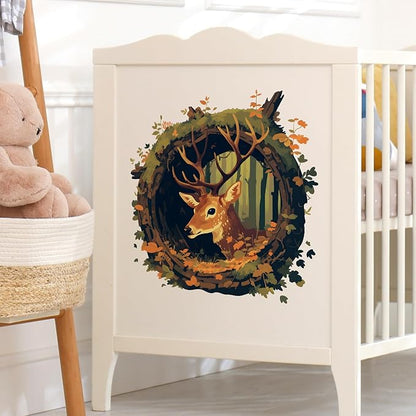 Deer in The Hole Wall Decal Nursery Animal Wall Sticker Removable Peel and Stick Wall Art Decor for Kid Baby Classroom Preschool Living Room Playroom Bedroom School