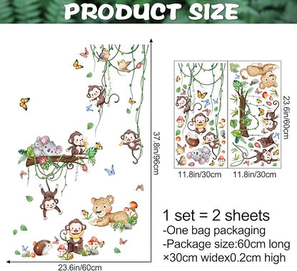 Safari Monkey Climbing Tree Wall Stickers Jungle Animals Vine Leaves Wall Stickers Vinyl Sloth Leopard Butterfly Plants Mural Art Decor for Kids Baby Nursery Bedroom Living Room Sofa TV Wall