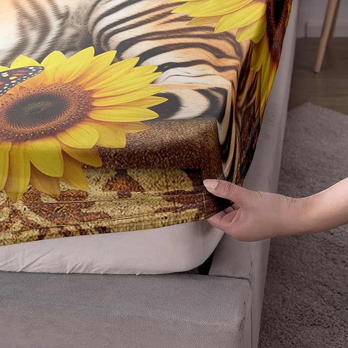 AILONEN Tiger Fitted Sheet Set Twin XL Size, Vintage Retro Boho Bed Sheet Set Sunflower Butterfly Sheet Set,3 Pieces Printed Teen Boys Tiger Fitted Sheet with 2 Pillowcases