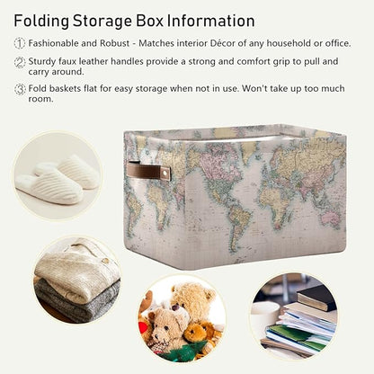 Vintage World Map Storage Basket Collapsible Laundry Organizer with Leather Handles Retro Map Print Rectangular Storage Box Bin 1 PC for Bathroom Clothes Kids Toys Nursery