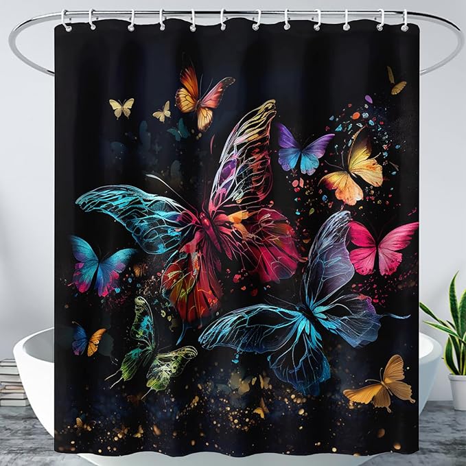 AILONEN Colorful Butterfly Shower Curtain, Tie Dye Butterfly Bath Curtain,Modern Fashion Minimalist Decorative Shower Curtain with 12 Plastic Hooks (Kids/Girls/Women/Teen/) Black 72" W*72" H