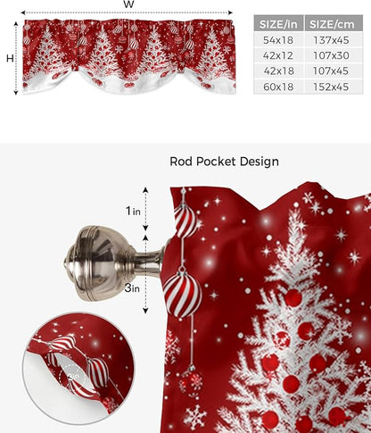 Red Christmas Blackout Tie Up Valance Curtains for Kitchen Windows White Xmas Tree Snowflakes Red Balls Window Toppers Balloon Shades for Living Room/Bathroom/Bedroom,1 Panel, 54" X 18", Winter