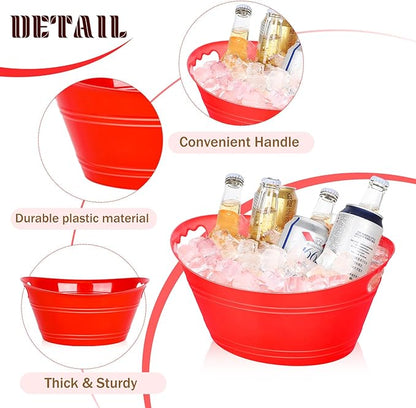 8Pcs Ice Bucket, Plastic Ice Buckets for Parties, Drink Buckets with Handles Beverage Buckets Oval Storage Plastic Tub for Wine Beer Champagne Bottles, 4.3Liter (set-3-red)