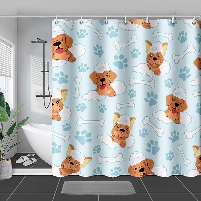 AILONEN Cute Dog Shower Curtain,Cute Bulldog Labrador Dog Print Shower Curtain, 72" W*96" H Waterproof Happy Shower Puppy Dog Lover Curtain with Grommets and 12 Hooks