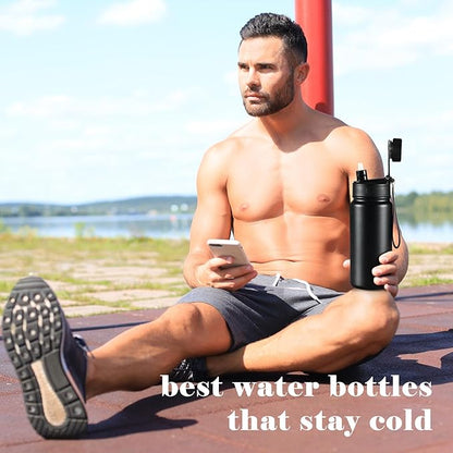 25 oz gym water bottle with straw, leak proof - men's/women's sports metal water bottle - double vacuum insulated stainless steel water bottle for gym, outdoors or traveling