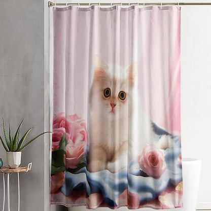 AILONEN 3D Beautiful Cat Shower Curtain,Kawaii Kitten Shower Curtain Set for Kids Boys Girls,Cat Lovers Animal Shower Curtain for Bathroom,Pink Rose Bath Curtain with Hooks,72" W*78" H