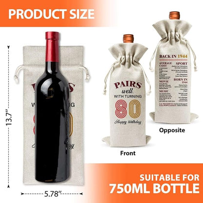 80th Birthday Wine Gift Bag For Best Friend Mom Dad Women Men Grandfather Grandmother, 1944 Birthday Gift, 80th Birthday Party Decor, 80th Anniversary Wine Bag, Pairs Well With Turning 80