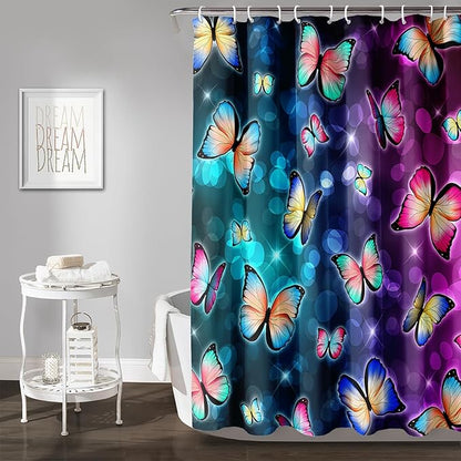 AILONEN Colorful Butterfly Shower Curtains,Gradient Butterfly Bath Curtain for Bathroom Decor,Polyester Waterproof with 12 Plastic Hooks 72" W*78" H