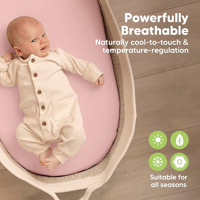 2-Pack Baby Bassinet Sheets Girl, Boy - Viscose Derived from Bamboo Fitted Bassinet Sheets Compatible with Halo Bassinest Swivel Sleeper, Baby Delight, Graco Bedside Bassinet Mattress Sheet (Rose)