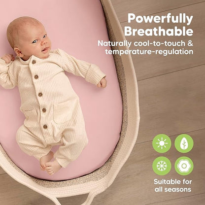 2-Pack Baby Bassinet Sheets Girl, Boy - Viscose Derived from Bamboo Fitted Bassinet Sheets Compatible with Halo Bassinest Swivel Sleeper, Baby Delight, Graco Bedside Bassinet Mattress Sheet (Rose)