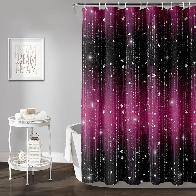 AILONEN White Star Shower Curtain,Dreamy Starry Sky Bathroom Fabric Shower Curtain for Girls Boys Kids Teens, 72" W*96" H Black and Purple Theme Bathroom Decor