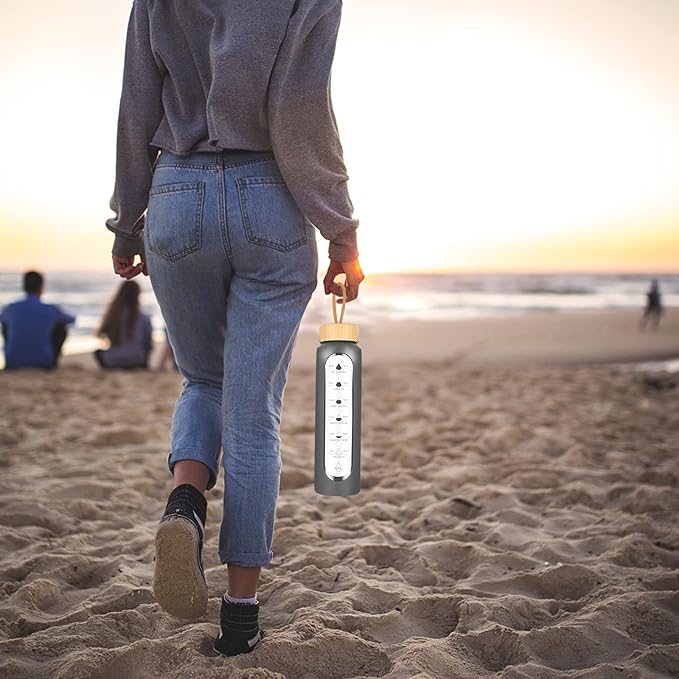 32 Oz Borosilicate Glass Water Bottle with Times to Drink | BPA Free - Reusable Wide Mouth Glass Motivational Water Bottles with Infuser & Silicone Sleeve (gray)