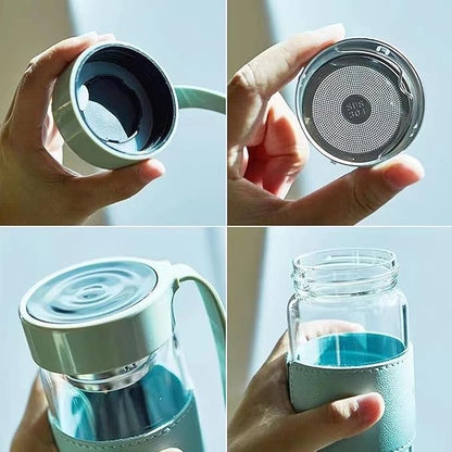 Snminetal 16 oz Borosilicate glass water bottle-with sealing cap and Holsters and filters Reusable Portable Glass drinking Bottle Apply to Make tea, coffee, office Go To School (Blue+Green)