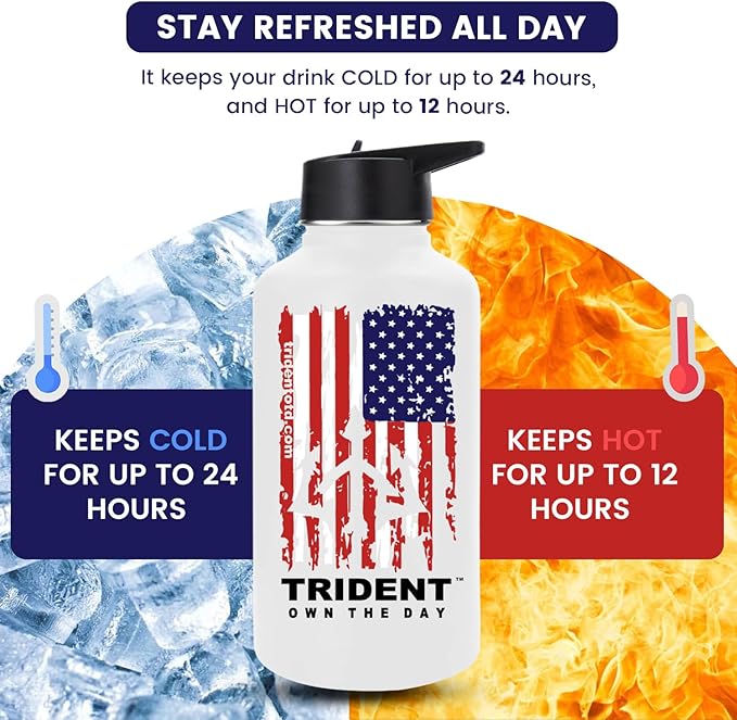 American Flag 64 oz Water Bottle, Reusable Water Bottle with Straw, Leak Proof Water Bottles, 64oz Insulated Water Bottle, Thermos Water Bottle - Retired Navy Combat Vet Small Business (White, 64 Oz)