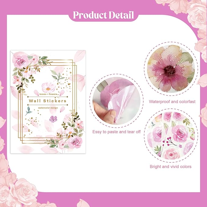 60 Pcs Flower Wall Decals, Watercolor Leaves Wall Stickers Flower Decor for Girls Bedroom Computer Lockers Living Room, 4 Sheets