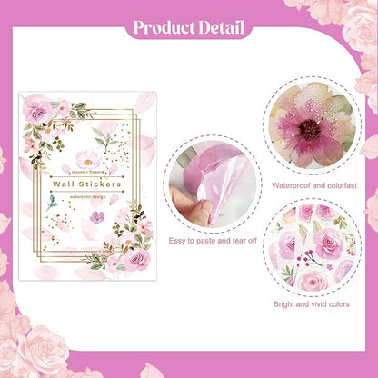 60 Pcs Flower Wall Decals, Watercolor Leaves Wall Stickers Flower Decor for Girls Bedroom Computer Lockers Living Room, 4 Sheets