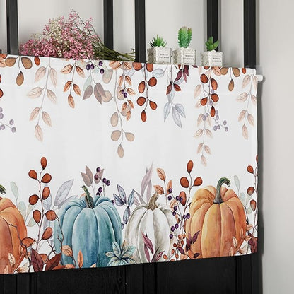 Fall Thanksgiving Kitchen Curtains Valances for Windows Watercolor Autumn Pumpkins Eucalyptus Leaves Rod Pocket Window Treatment for Kitchen /Living Room/Bedroom/ Bathroom,54" X 18" , Blue Orange