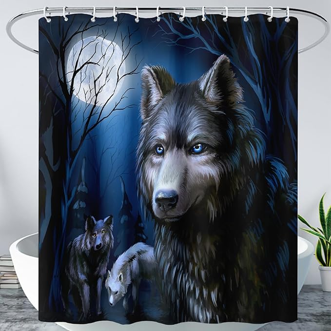 AILONEN Cool Wolf Shower Curtain,Evening Moon Wolf Bath Curtain for Bathroom Decor,Polyester Waterproof for Shower,72" W*72" H with 12 Plastic Hooks