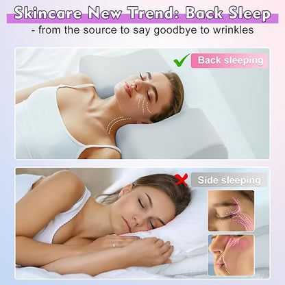 Anti Wrinkle Ergonomic Back Sleep Training Pillow: Cervical Memory Foam Anti Aging Beauty Pillow for Neck Pain Relief - Contoured Neck & Shoulder Support Flawless Face Pillow with Cooling Pllowcase