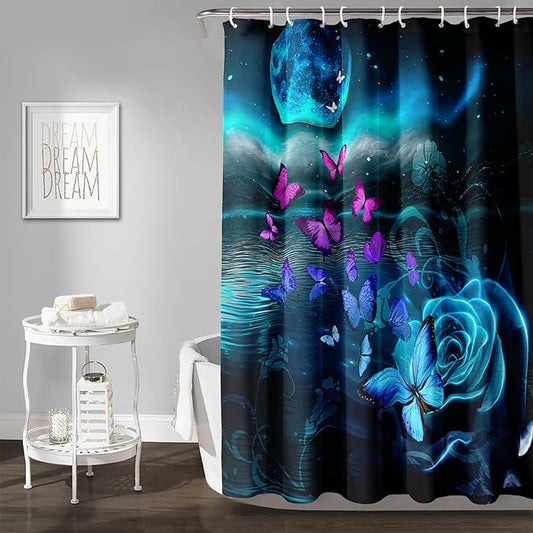 AILONEN Flying Butterfly Shower Curtain for Girls Women,Blue Sky Starry Ocean Sea Rose Bath Curtain 60" W*72" H Polyester Fabric Waterproof Bathroom Curtain with 12 Hooks