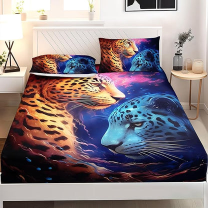 AILONEN Leopard Print Fitted Sheet Set Queen Size,Safari Wildlife Cheetah Bed Sheet Set Queen Size for Boys Kids,3 Pieces Animal Leopard Queen Fitted Sheet with 2 Pillowcases Decor