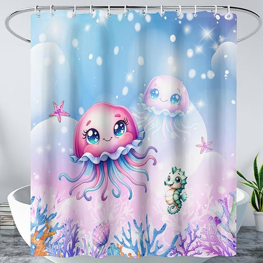 AILONEN Jellyfish Shower Curtain, Cute Jellyfish Starfish Seahorse Coral Pink Bath Curtain,Ocean Theme Shower Curtain 72" W*96" H Polyester Waterproof Bathroom Curtain with 12 Hooks