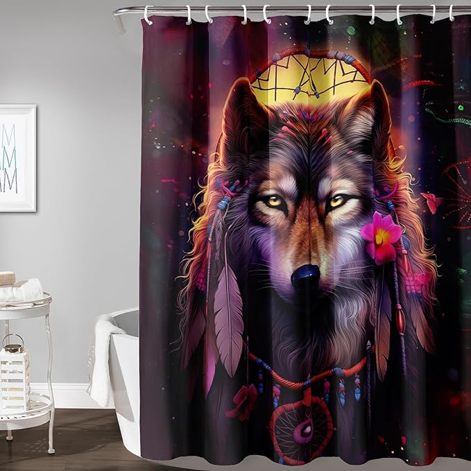 AILONEN 3D Wolf Dream Catcher Shower Curtain for Bathroom,Safari Wolf Printed Bath Curtain for Boys Men,Wildlife Decoration Shower Curtain Waterproof 36" W*72" H