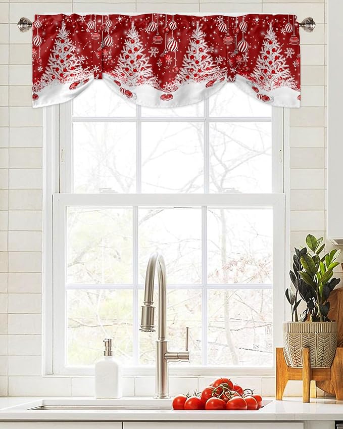 Red Christmas Blackout Tie Up Valance Curtains for Kitchen Windows White Xmas Tree Snowflakes Red Balls Window Toppers Balloon Shades for Living Room/Bathroom/Bedroom,1 Panel, 42" X 12", Winter
