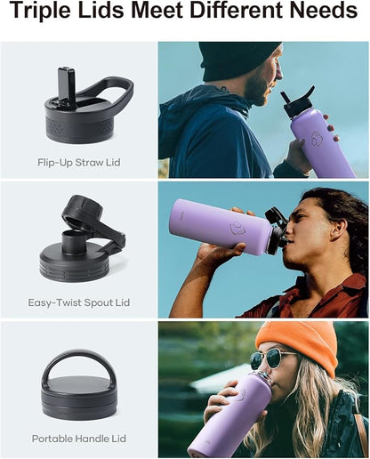 BUZIO Water Bottle with Straw lid, Spout Lid, Hand Lid and Carrying Pouch, 32oz 40oz 64oz Stainless Steel Water Flask Jug, Cold for 48 Hrs Hot for 24 Hrs Double Vacuum Thermo Canteen Mug, BPA-Free