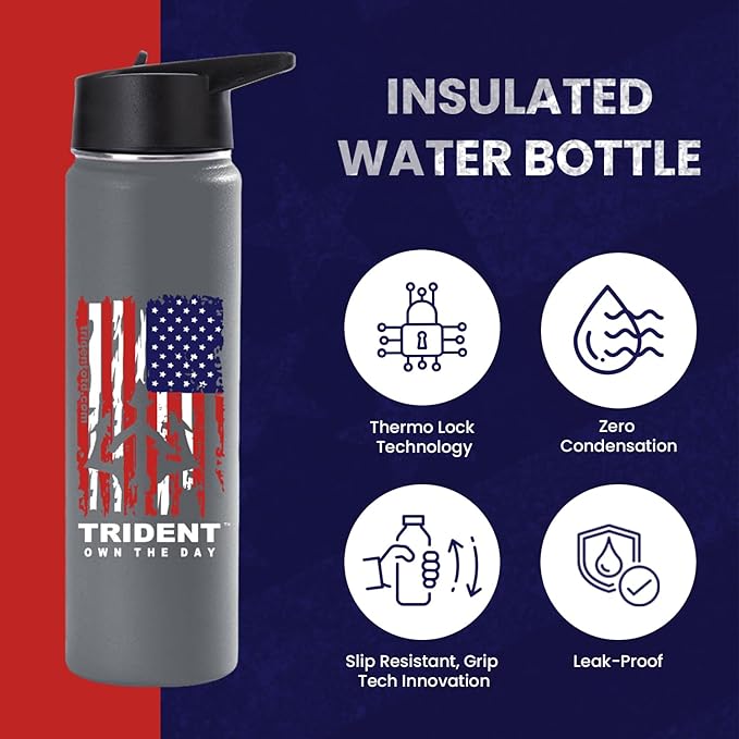American Flag Water Bottle, 21 oz Insulated Water Bottle, Reusable Water Bottle with Straw, Leak Proof Water Bottles, Thermos Water Bottle - Retired Navy Combat Vet Small Business (Gray, 21 Oz)