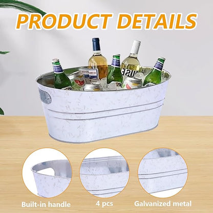 4 Pcs 4 Gallon Ice Bucket Large Metal Drink Buckets Galvanized Tub galvanized steel tub Cold Drink Beverage Tubs for Christmas Bar for Beer Wine Cooler(Silver)