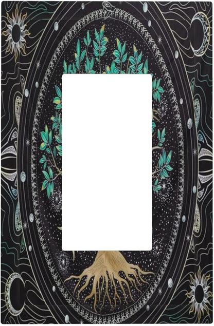 Tree of Life Blackground 1 Gang Rocker Light Switch Plate Hippie Sun Moon Star Single Decora Outlet Wall Plate Cover Faceplate Decorative Switchplate GFCI for Bathroom Bedroom Living Room Decorate