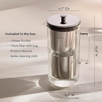 aarke Purifier Glass Water Pitcher, Refillable Stainless Steel Filter, 8-Weeks Performance, BPA-Free, Dishwasher Safe, Pure & Enriched Refill Granules, 1.18L (5 Cups) Capacity