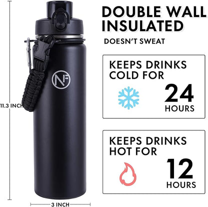 32 oz Insulated Water Bottle With Detachable Straw & Paracord Handle, Stainless Steel Thermos Water Bottle with Leakproof Lockable Lid, BPA-Free Sports Bottle (Black)