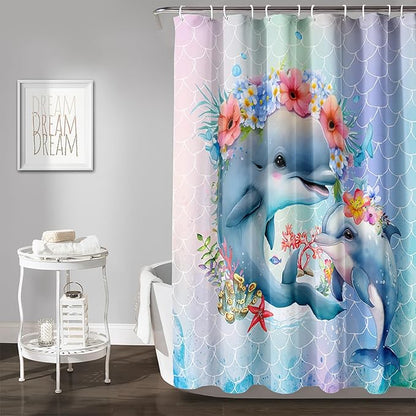 AILONEN Cute Dolphin Shower Curtain,Color Mermaid Scale Print Shower Curtain with 12 Plastic Hooks,Kawaii Ocean Dolphin Print Bath Curtain Decorative Waterproof 60" W*72" H