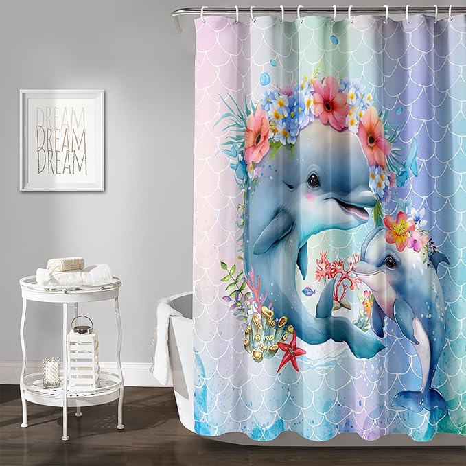 AILONEN Cute Dolphin Shower Curtain,Color Mermaid Scale Print Shower Curtain with 12 Plastic Hooks,Kawaii Ocean Dolphin Print Bath Curtain Decorative Waterproof 72" W*96" H