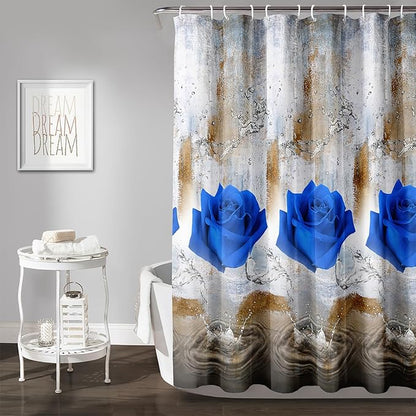 AILONEN Blue Rose Shower Curtain for Girls 3D Rose Water Droplet Retro Bathroom Decor,Modern Rose Flower Couple Lover Women Bath Curtain 72" W*84" H Polyester Waterproof Bathroom Curtain with Hooks