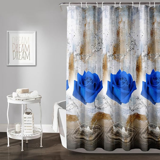 AILONEN Blue Rose Shower Curtain for Girls 3D Rose Water Droplet Retro Bathroom Decor,Modern Rose Flower Couple Lover Women Bath Curtain 60" W*72" H Polyester Waterproof Bathroom Curtain with Hooks