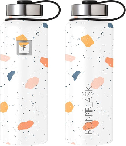 IRON °FLASK Sports Water Bottle - Wide Mouth with 3 Spout Lids - Stainless Steel Gym & Outdoor Bottles for Men, Women & Kids - Double Walled, Insulated Thermos, Metal Canteen - Terrazzo, 40 Oz