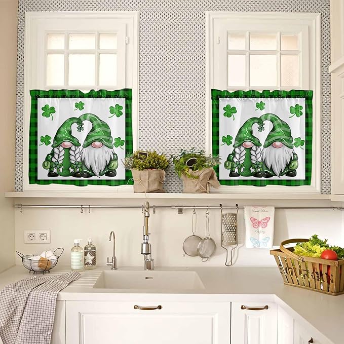 Gnome St. Patrick's Day Kitchen Curtains and Valances Set, Buffalo Plaid Shamrock Window Tiers Seasonal Spring Holiday Half/Short Curtains for Small Windows Cafe /Living Room/ Bedroom 54x 36 in