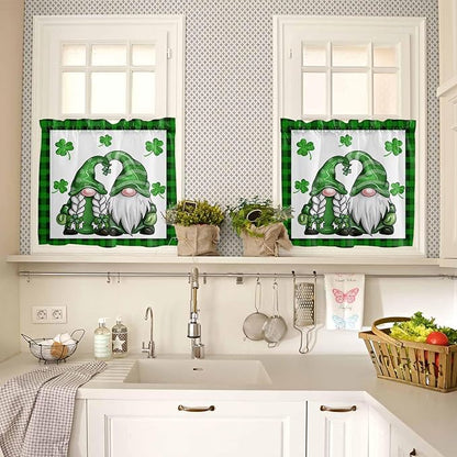 Gnome St. Patrick's Day Kitchen Curtains and Valances Set, Buffalo Plaid Shamrock Window Tiers Seasonal Spring Holiday Half/Short Curtains for Small Windows Cafe /Living Room/ Bedroom 54x24 in