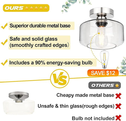 Industrial Semi Flush Mount Ceiling Light Brushed Nickel, 900 Lumen LED Bulb Included, Clear Glass Shade Ceiling Light Fixture, Farmhouse Light Fixture for Hallway Corridor Kitchen Bathroom Bedroom