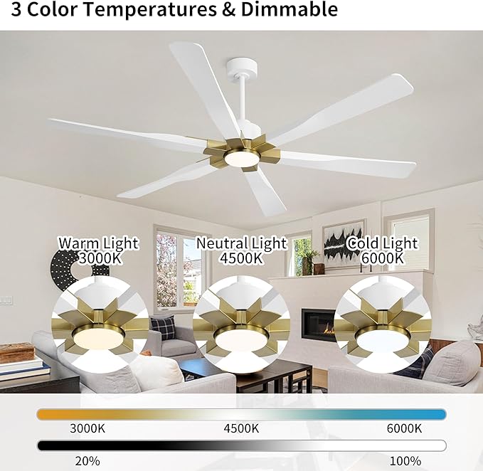 78 Inch Ceiling Fan with Lights and Remote Control, 6 Reversible ABS Blades, 6-Speed Noiseless DC Motor with 4.5" / 12" / 24" Downrods for Bedroom Dining Living Room, Gold and White