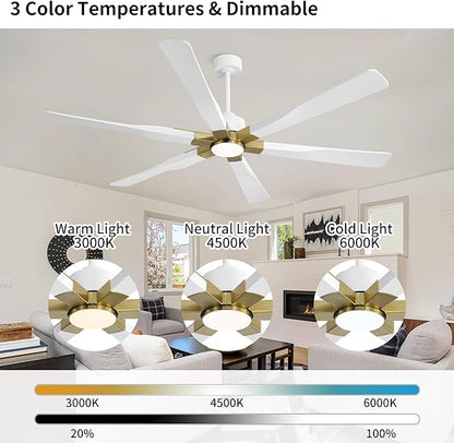 78 Inch Ceiling Fan with Lights and Remote Control, 6 Reversible ABS Blades, 6-Speed Noiseless DC Motor with 4.5" / 12" / 24" Downrods for Bedroom Dining Living Room, Gold and White