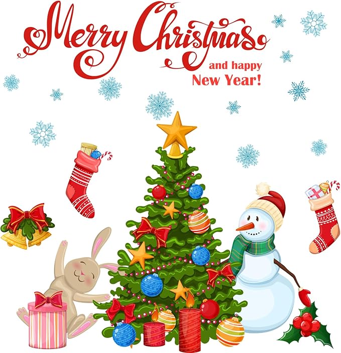 Christmas Tree Snowman DIY Wall Stickers Merry Christmas Wall Decal Removable for Wall Living Room Bedroom Decoration