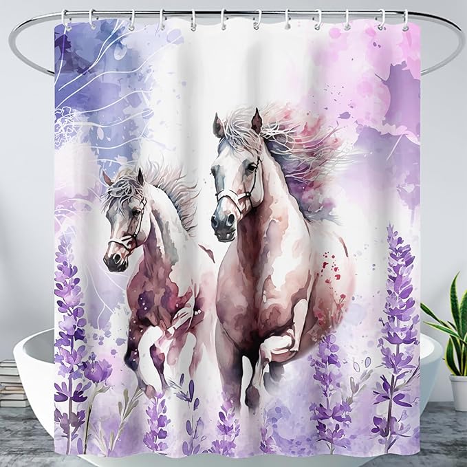 AILONEN Watercolor Flower Horse Shower Curtain,Galloping Horse Bath Curtain,Purple Lavender Horse Decoration Bathroom Curtain with 12 Plastic Hooks,Waterproof 36" W*72" H